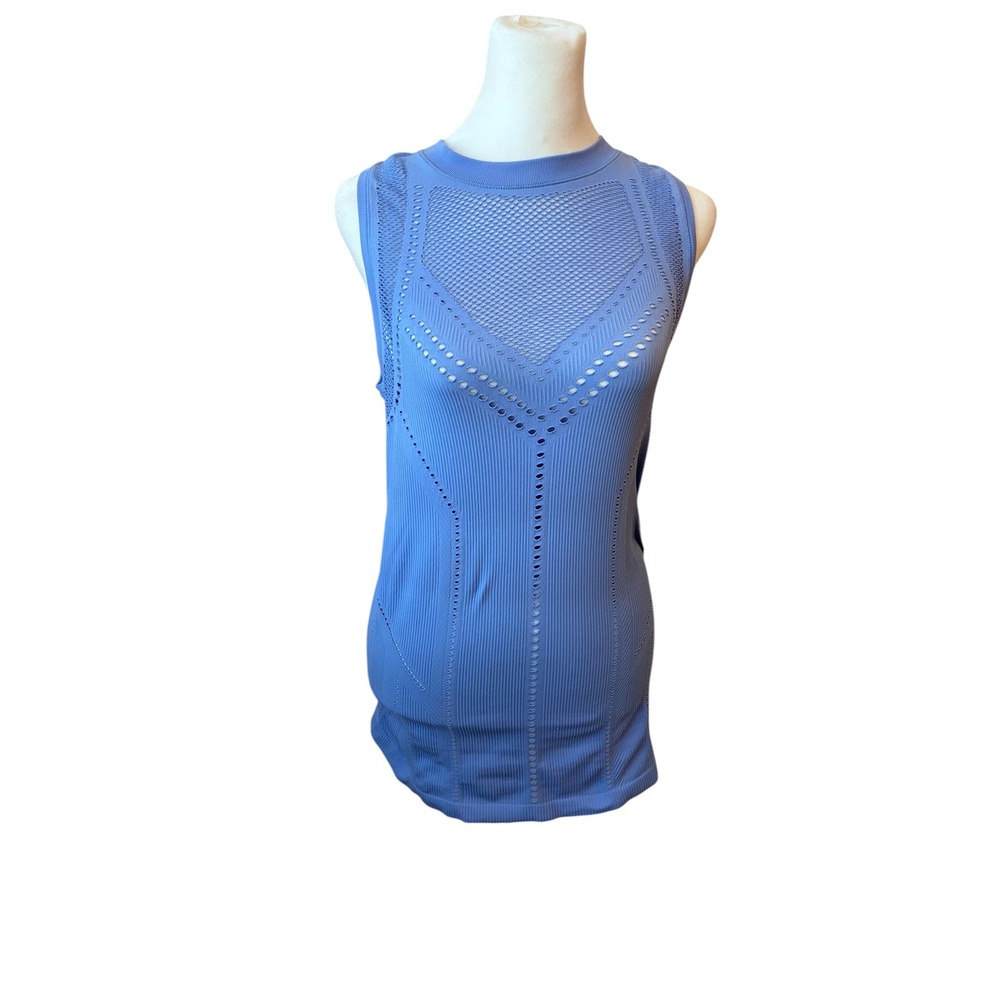 Athleta Blue Sleeveless Ribbed Knit Top Mesh Detail Activewear Tank‎